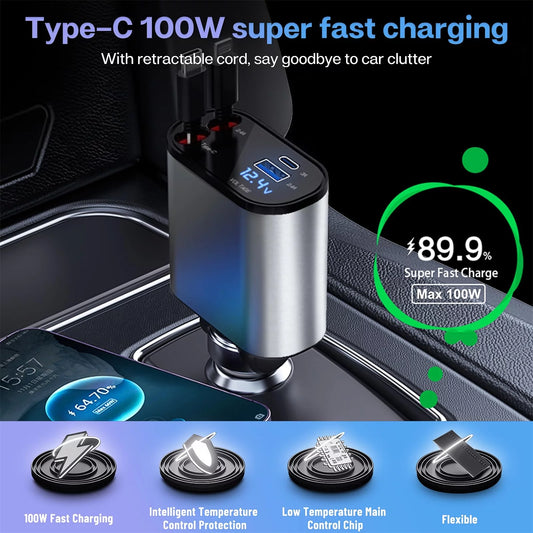 4 in 1 Car Charger, 100W Fast Car Phone Charger with Type C Cable and 2 Charging Ports Car Charger Adapter